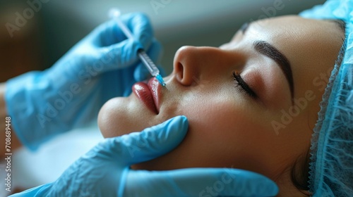A close-up of a skilled practitioner performing injectable treatments for facial rejuvenation in a treatment room. [Injectable treatments in aesthetic medicine clinic]