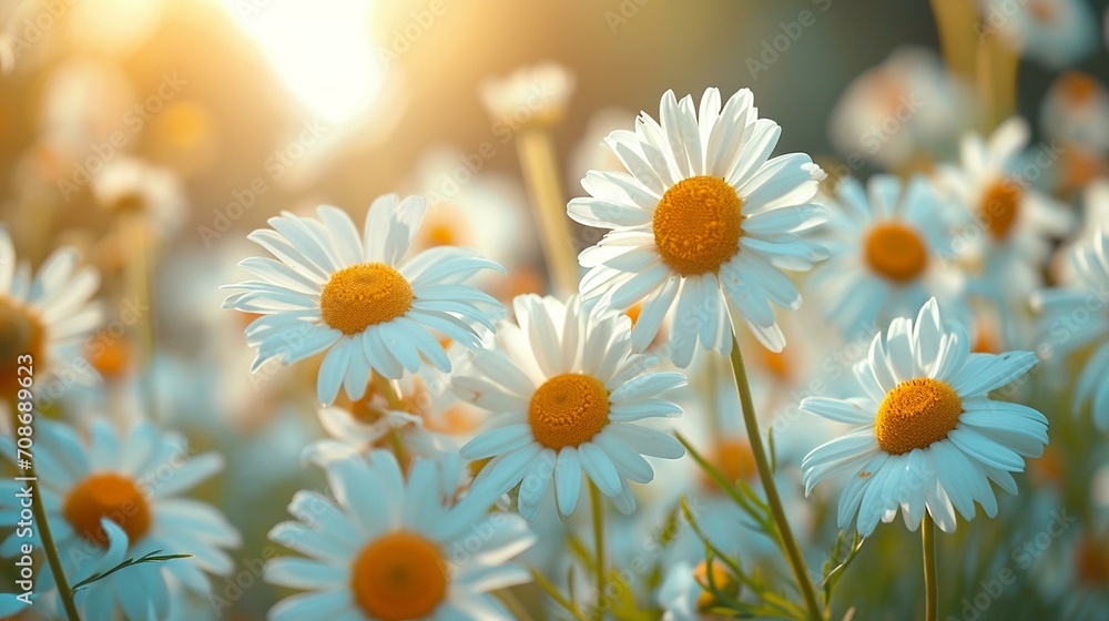 Fototapeta premium Rustic and charming chamomile flowers in a countryside setting, providing a warm and inviting floral background for cozy designs. [Chamomile flowers floral background for the desig