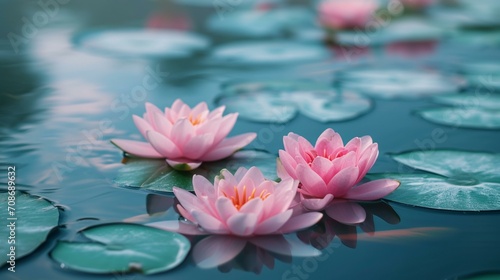 Water lilies floating on a tranquil pond, creating a serene and peaceful floral background for Zen and relaxation-themed designs. [Water lilies floral background for the designer's