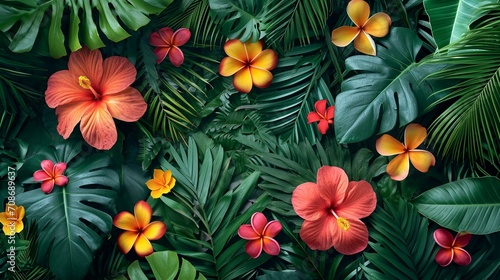 A mix of tropical leaves and flowers  creating a lush and vibrant floral background for designs with a tropical or summer theme.  Tropical leaves and flowers floral background for 