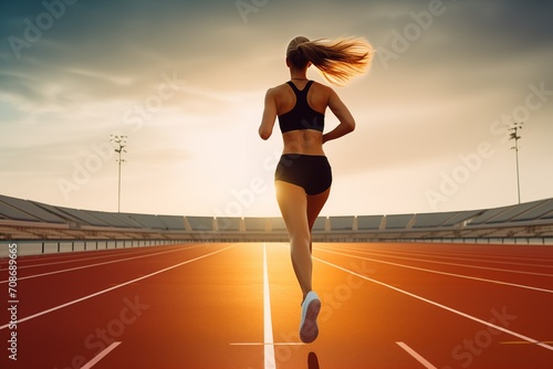 An athlete runs along the track at the stadium, the concept of sports and an active lifestyle, training and sports competitions