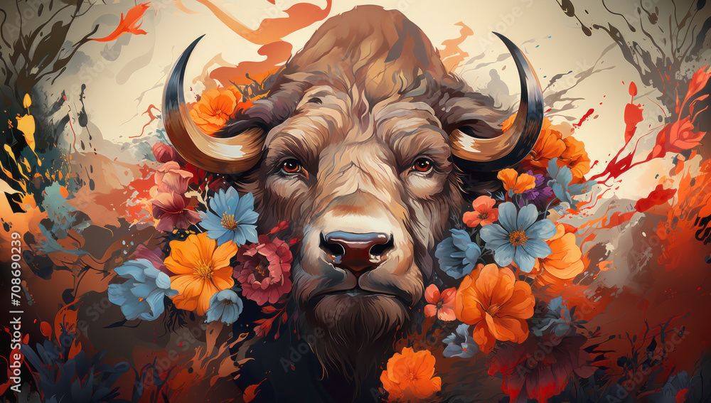 Illustration of a buffalo head with creative colorful floral elements and splashes