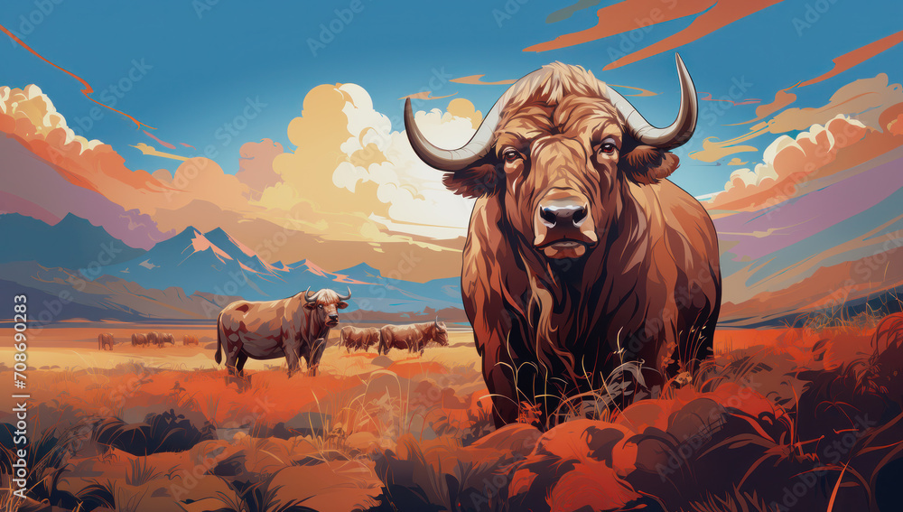 Vector portrait of the head of an adult African buffalo against the background of a herd of buffaloes in the savannah