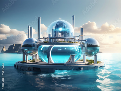 Futuristic building with large spheres and pipes on a small island in the sea. Hydrogen manufacturing using ocean water electrolysis concept 3d Render.