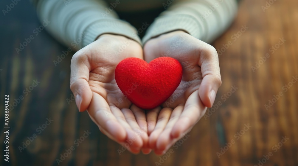 A person holding a red heart in their hands. Suitable for romantic occasions and expressing love