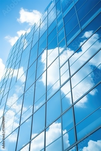 Blue glass skyscraper reflecting clouds