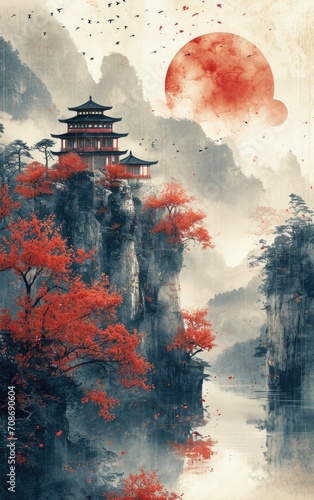 Chinese traditional style landscape with pagoda and mountains in autumn season  China