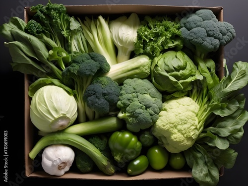 There are many vegetables packed in a green box. Black background. Generative AI