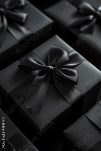 A collection of black gift boxes with elegant bows. Perfect for any special occasion or celebration