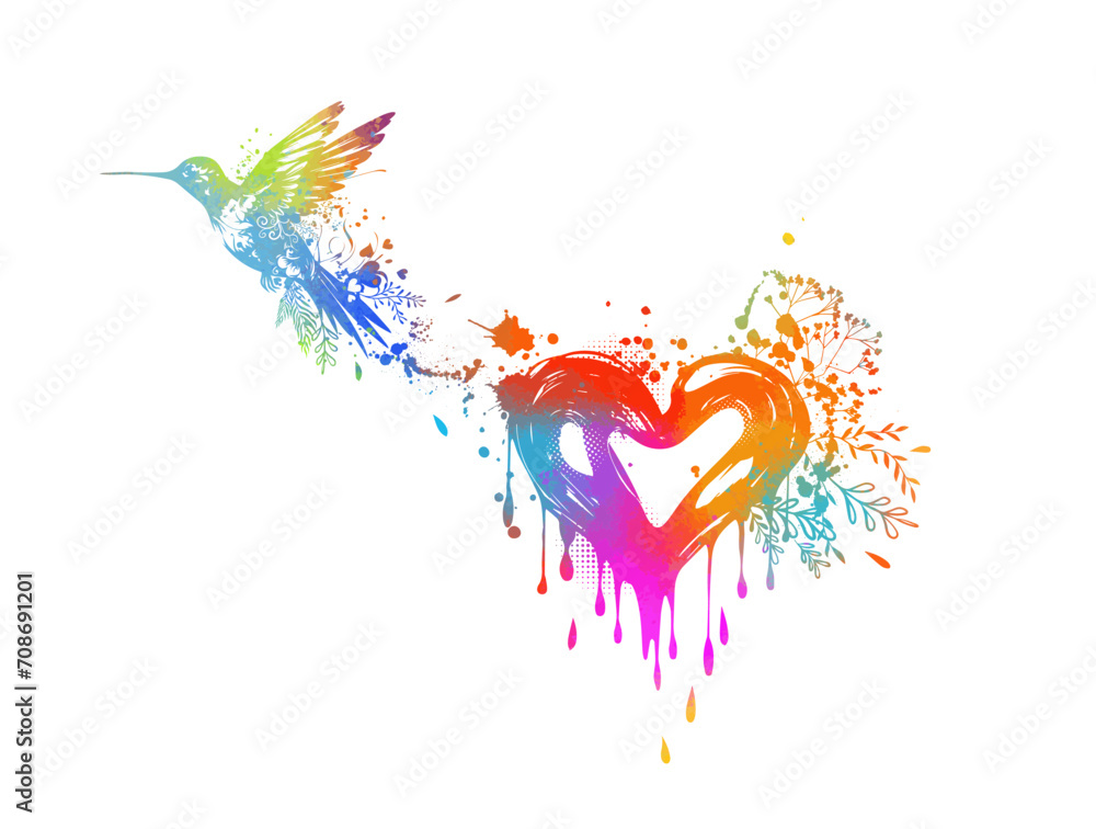 Colored heart of patterns with a bird. hand drawing. Heart with wings. Not AI. Happy Valentine's Day. Vector illustration