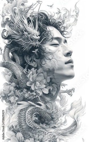 Tattoo art, beautiful woman face with dragon and flowers.