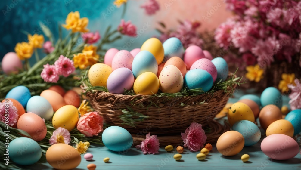 Colorful easter eggs in basket Colorful easter eggs in basket
