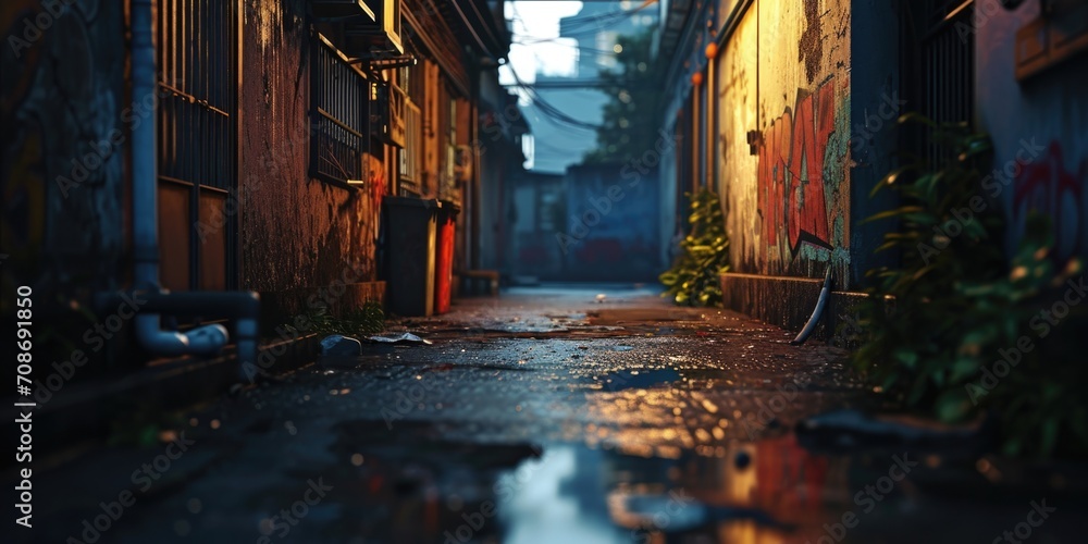 An image depicting an alleyway with a puddle of water on the ground. This picture can be used to showcase urban scenes or rainy city environments