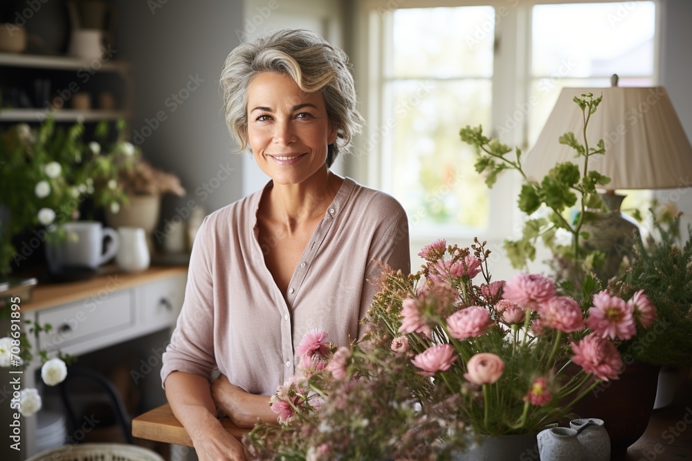 Portrait of a smiling mature woman standing in a flower shop