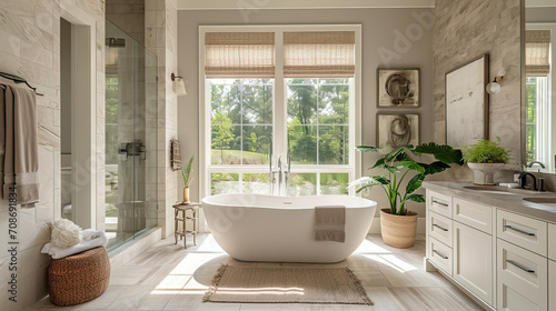 The bathroom banner with soft lighting in bright colors is an ideal place for relaxation and comfort. It is made in delicate and light shades, creating an atmosphere of calm and relaxation. © Shunia