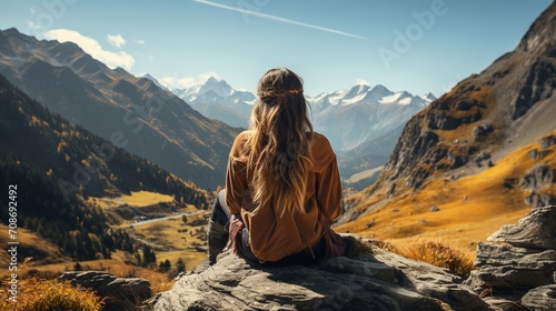 girl sitting on the rock and looking at the mountains photo
