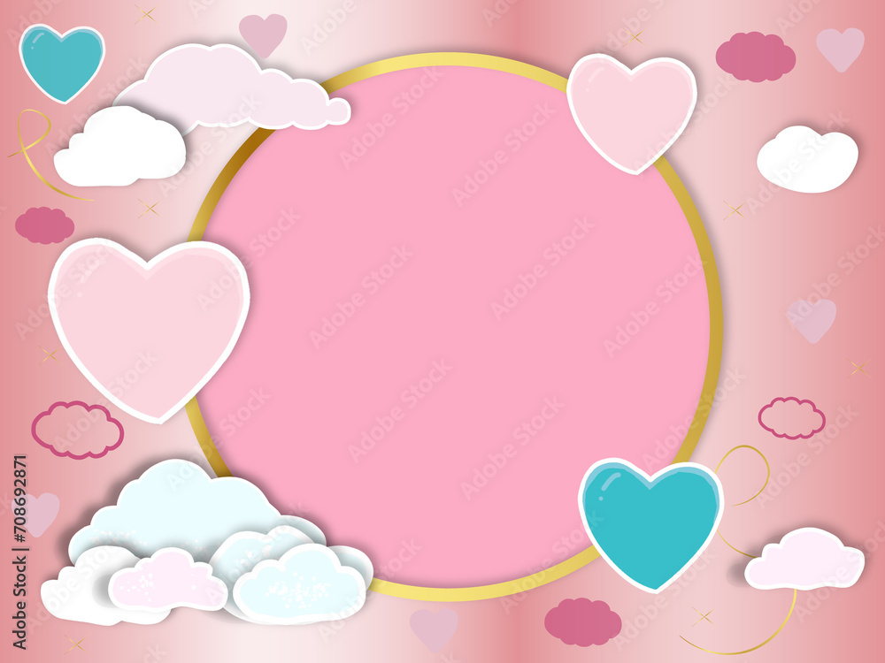 Valentines Day banner with shining pink hearts, ribbons and cloud.Holiday card illustration on pinl background.