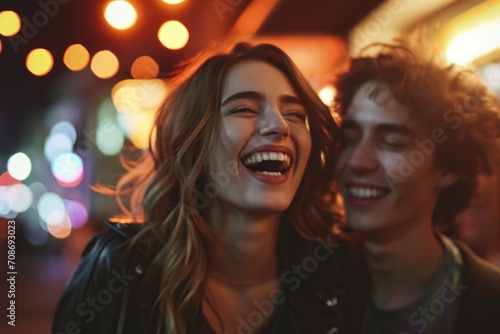 A joyful image of a man and woman sharing a laugh. Perfect for portraying happiness and connection. Ideal for advertising, social media, and lifestyle articles