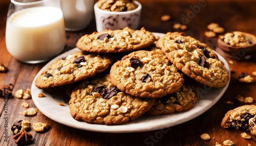 Homemade oatmeal cookies with raisins and nuts on a wooden background