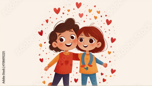 Hugging Cartoon Kids Couple - Hugging Day