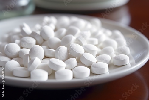Close-up of white pills on a white plate
