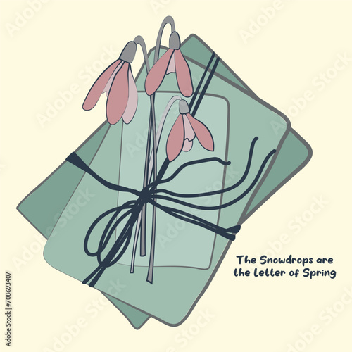 Vector romantic illustration with snowdrops with lettersn delicate colors. Vintage styleThe first spring flower. Hand drawing, line and spot. Cold green, pink.  For the design of postcard, invintation photo