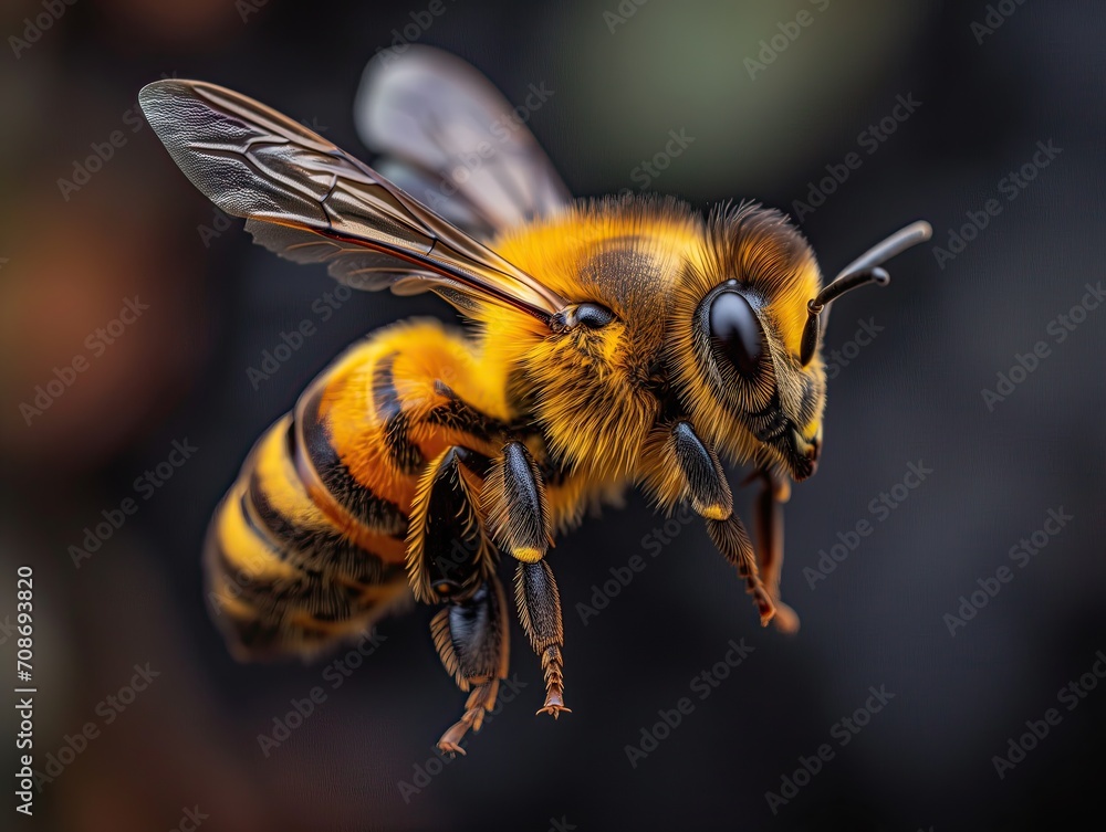 Abeja volando, colores vivos, amarillo y negro, fondo difuminado miel de romero - Honey bees, rosemary's flavorful ambassadors, foraging in vivid blossoms - obrazy, fototapety, plakaty 