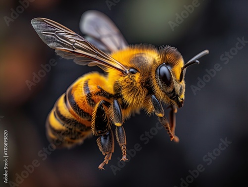Abeja volando, colores vivos, amarillo y negro, fondo difuminado miel de romero - Honey bees, rosemary's flavorful ambassadors, foraging in vivid blossoms photo
