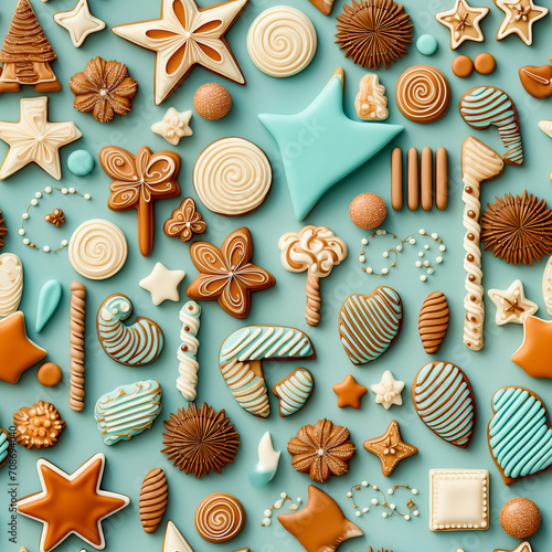 Seamless pattern with gingerbread cookies and sweets on blue background