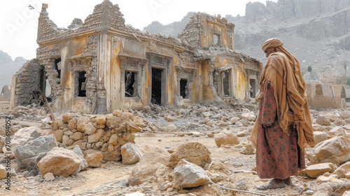 Arab man stands in front of the ruins of house from Taiz City, because of the war. photo
