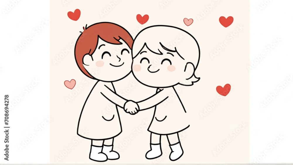 Cartoon Couple Love Hug And Hearts - Hugging Day