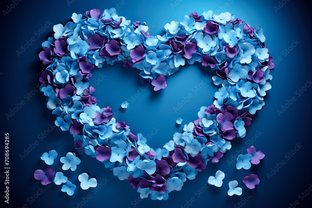 Valentine's Day greeting card mockup with heart made of blue hydrangea petals on blue background