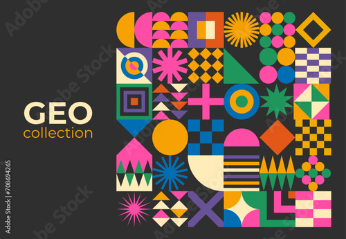 Abstract simple geometric set with elements with figure  form  shapes  circle and lines in Bauhaus style. Vibrant grunge geometry brutalism y2k 2000s print. Modern collage vector illustration.