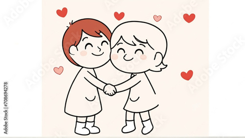 Cartoon Couple Love Hug And Hearts - Hugging Day