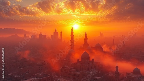 Aerial view of the arab city at sunset in Yemen.