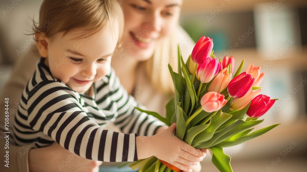 A joyful toddler holding a bunch of colorful tulips, with a bright, sunlit backdrop, reflecting the happiness of spring A joyful toddler holding a bunch of colorful tulips, with a bright, sunlit backdrop, reflecting the happiness of spring