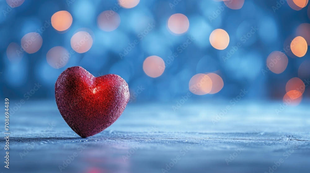 Obraz premium A solitary glittering heart rests against a blue backdrop with blurred lights, conveying a sense of romance and mystery.