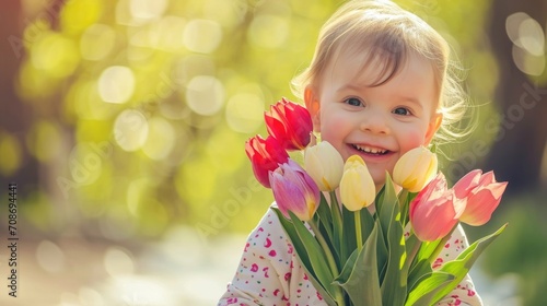 A joyful toddler holding a bunch of colorful tulips, with a bright, sunlit backdrop, reflecting the happiness of spring