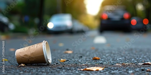 Close up of discarded disposable plastic coffee cup on asphalt road with blurred car on background. Eco concept.