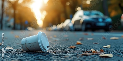 Close up of discarded disposable plastic coffee cup on asphalt road with blurred car on background. Eco concept. photo