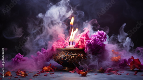 Portrayal of a candle from India emitting smoke against a purple background. Generative AI