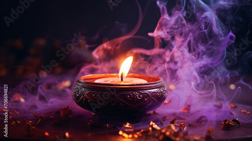 Portrayal of a candle from India emitting smoke against a purple background. Generative AI