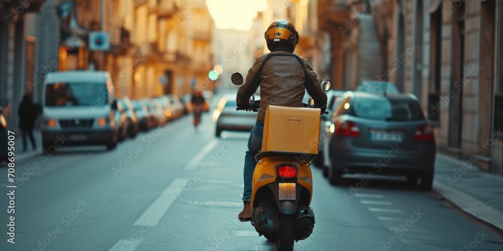 A person riding a motor scooter on a busy city street. This image can be used to illustrate urban transportation or commuting A person riding a motor scooter on a busy city street. This image can be used to illustrate urban transportation or commuting