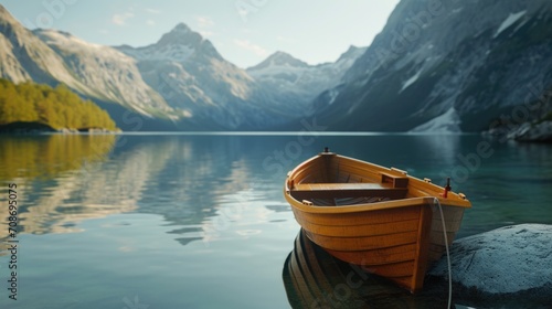 A small boat peacefully sits on top of a calm body of water. Perfect for any water-themed projects © Fotograf