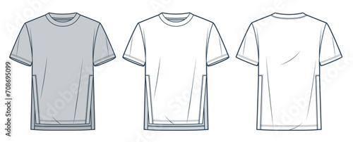 Tee Shirt fashion flat tehnical drawing template. Slit T-Shirt technical fashion illustration, front and back view, relaxed fit, white, grey, women, men, unisex Top CAD mockup set.
