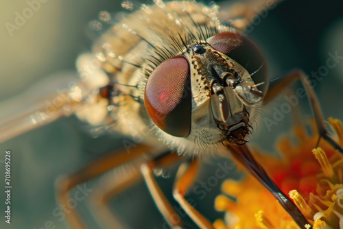 A close up photograph of a fly on a beautiful flower. Perfect for nature enthusiasts or anyone looking for a detailed shot of a fly on a flower © Fotograf