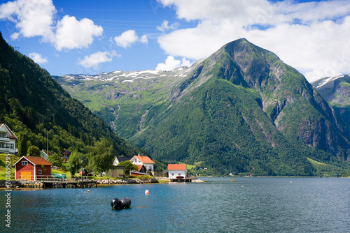 Buildings on the shore of Sognefjord in Balestrand, Norway photo