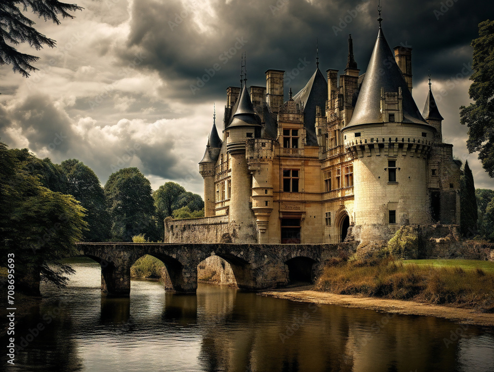An enchanting ancient castle with majestic turrets and a serene moat captured during twilight.