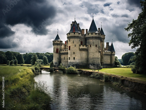 An ancient castle with tall turrets and a protective moat, surrounded by picturesque scenery.