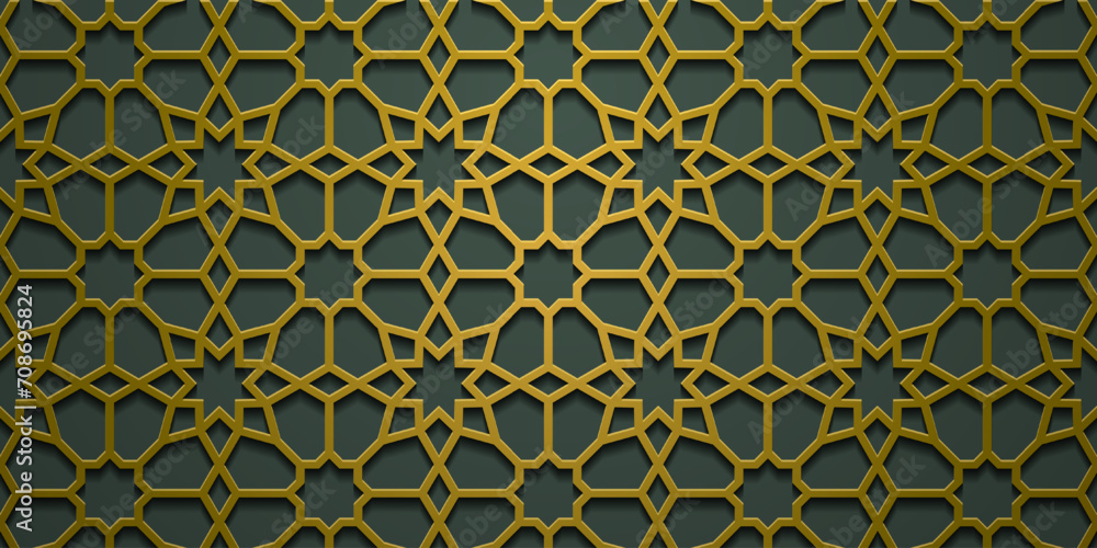 Islamic Background Vector - Abstract Geometric Pattern Ornament Background For Moslem Ramadan Kareem, Eid Mubarak and Another Moslem Celebration Day Gold Green Color Banner Template Backdrop
